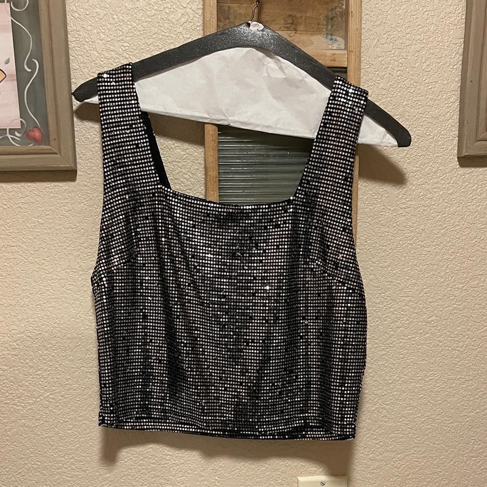 She + Sky Black and Silver Sequin Crop Top